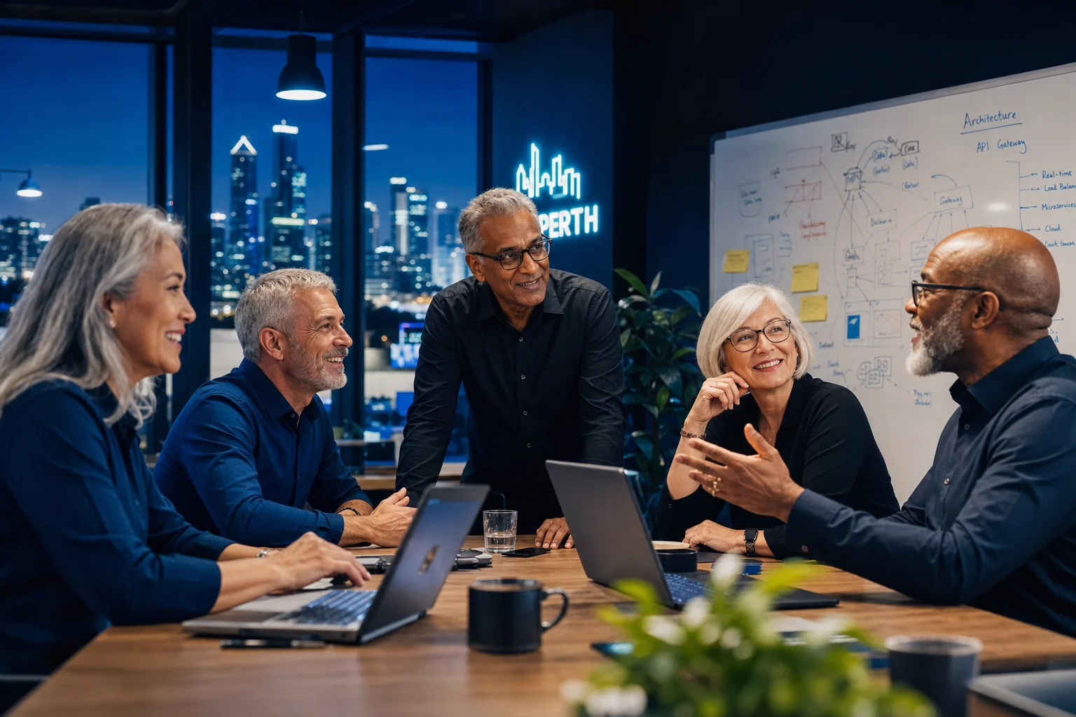 Origin Digital senior-led technology team collaborating in their West Perth office