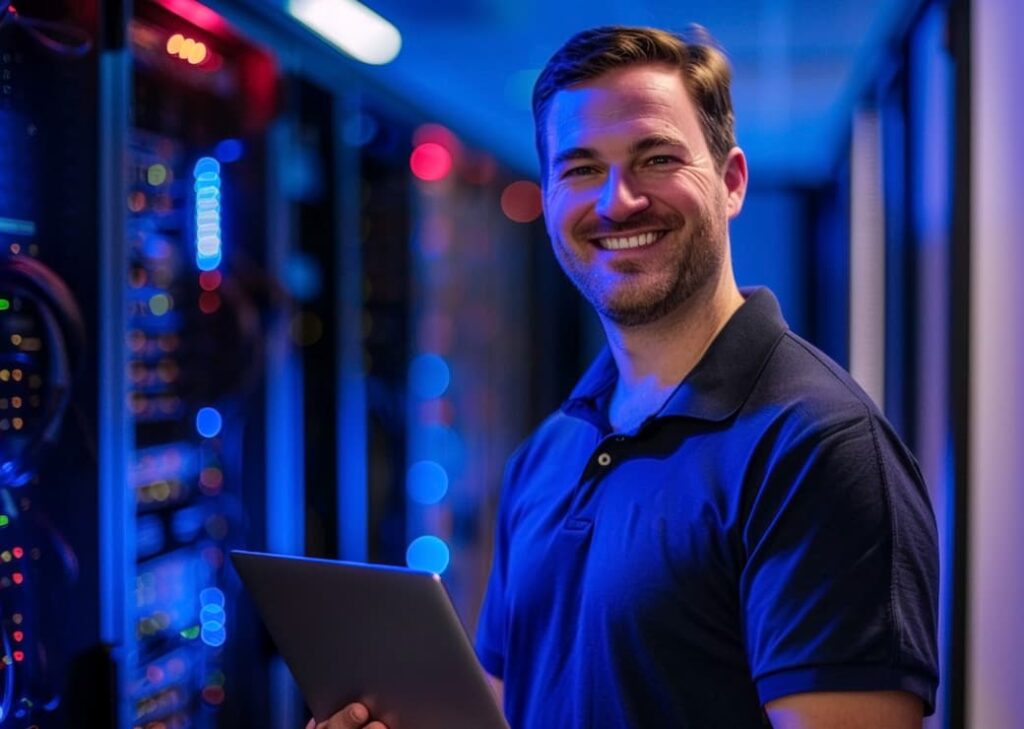 Man holding tablet investigating it infrastructure for it support services
