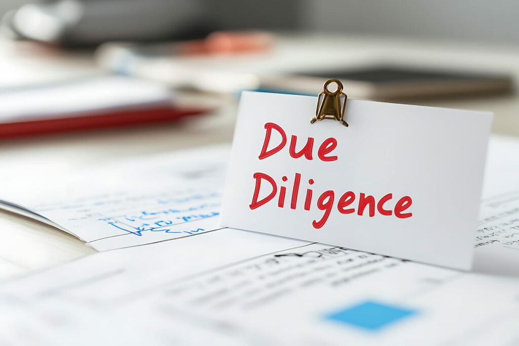 Due diligence written on sticky note to ensure risk and compliance management is uphe