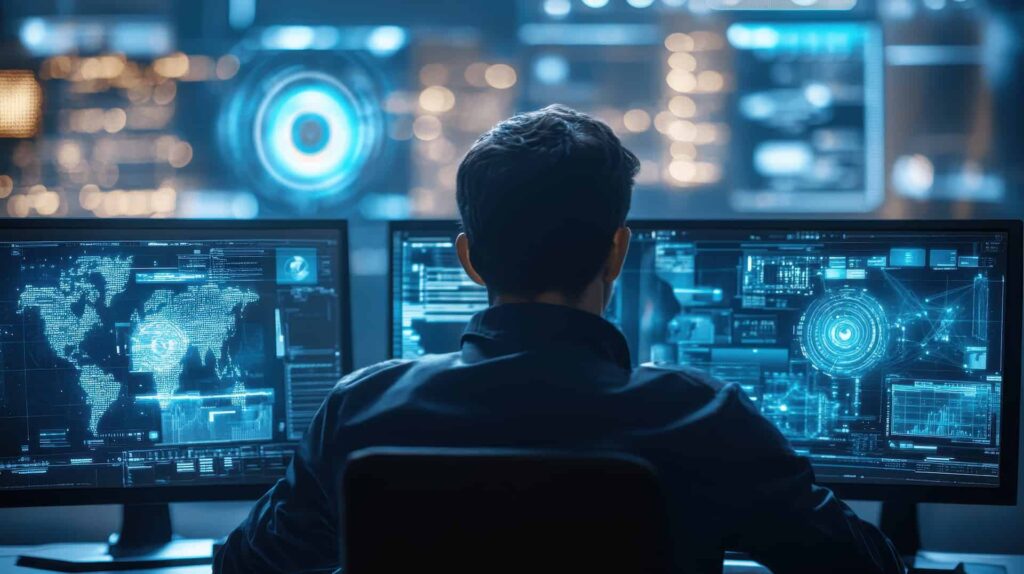 Man in front of computers showing what is risk and compliance management systems