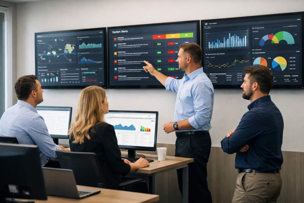 Managed IT support team proactively monitoring business systems and performance dashboards